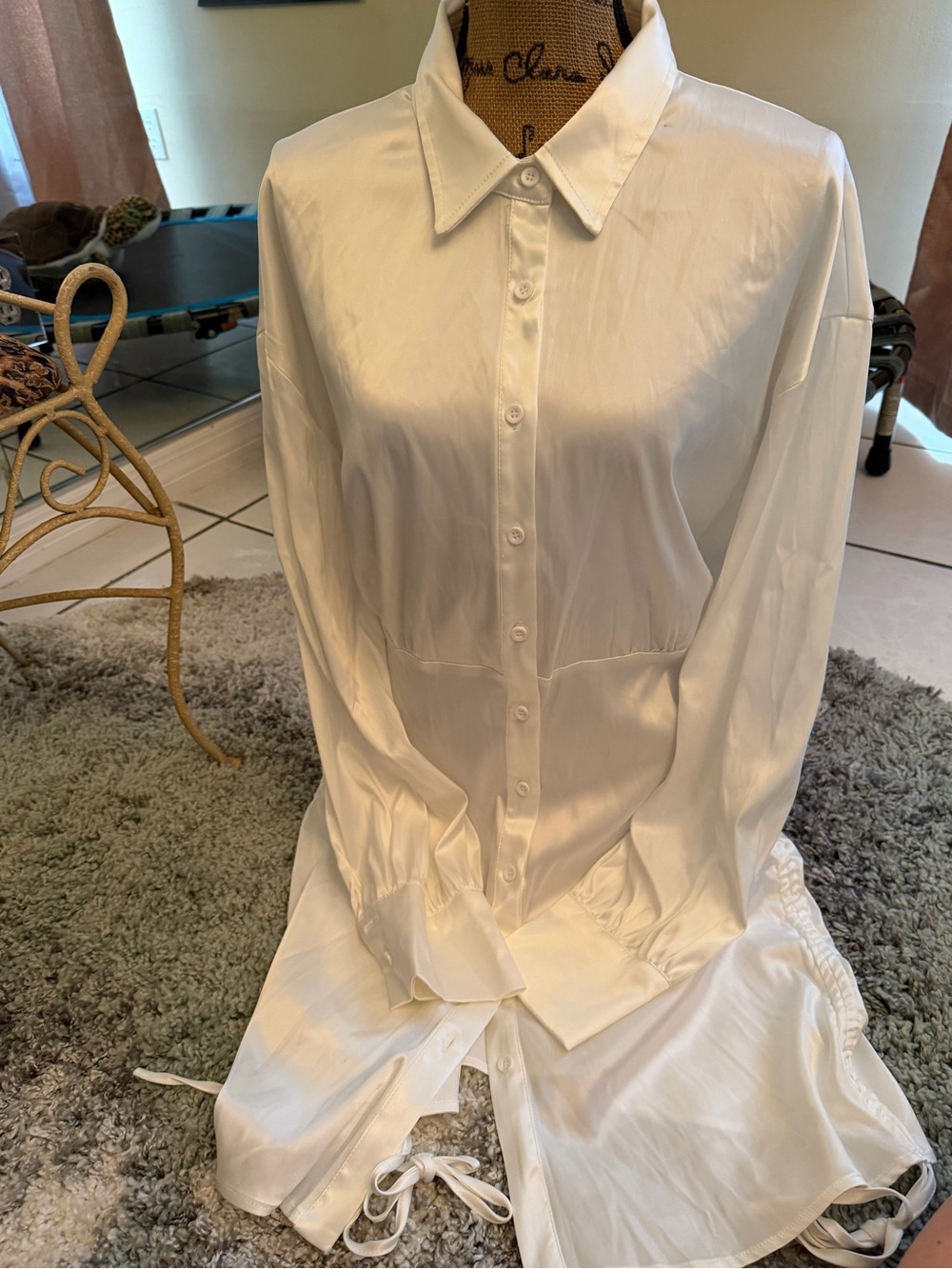 Fashion Nova White Satin Button-Down Sleep Shirt
